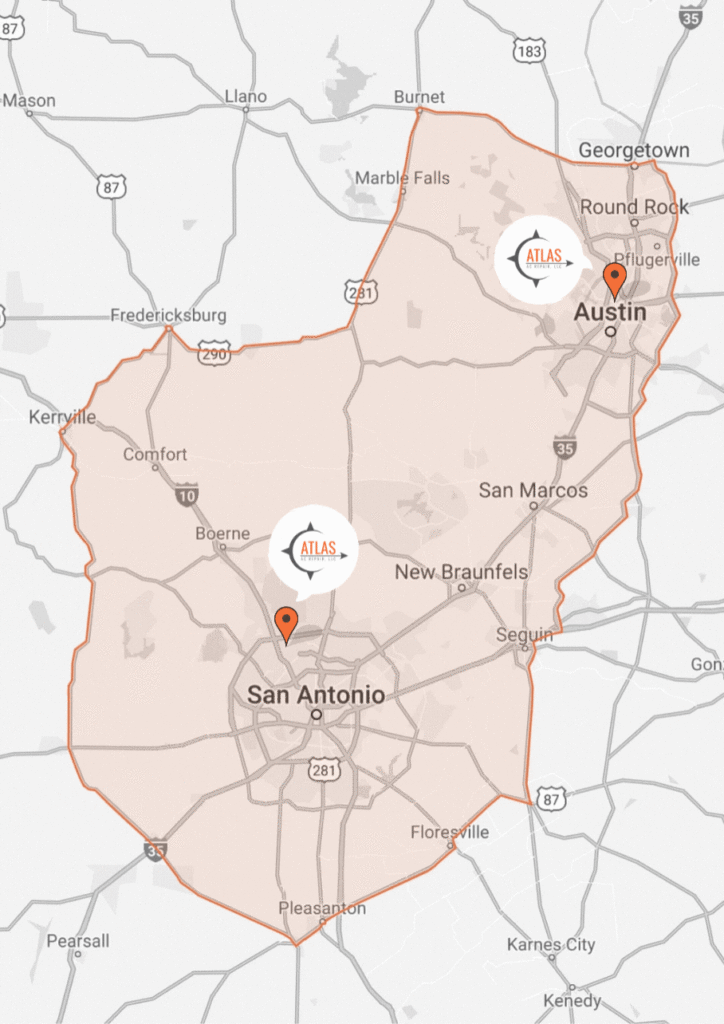 Atlas AC Repair San Antonio and Austin company locations and service area map