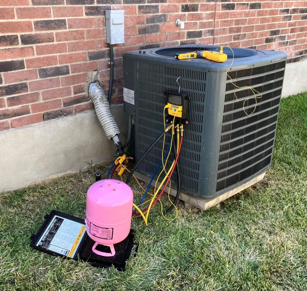 If your AC unit is low on refrigerant, an HVAC technician can recharge the AC, meaning to add more refrigerant till optimum levels are reached. Manifold gauges are used to ensure that the refrigerant reaches the correct pressure.